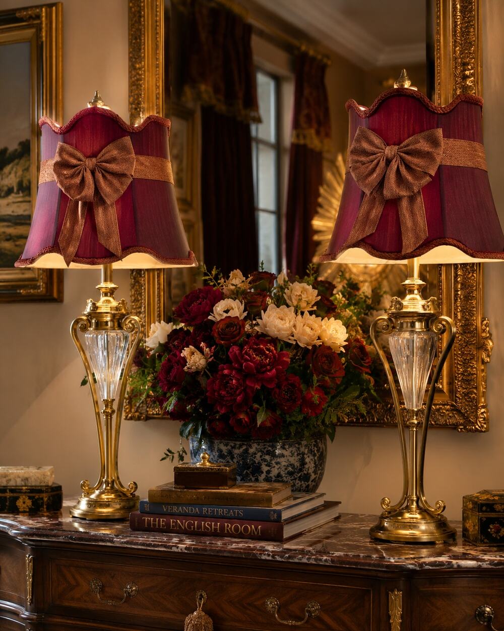 Pair Neoclassical Table Lamps Cut Glass Gold Tone Burgundy Shades 31"